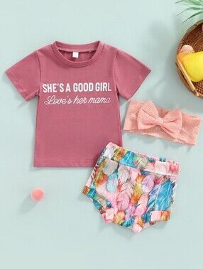 ​Boho Baby Girl Feather Bloomers Graphic Tee Set Mauve & Pastel Summer Set 6-9M